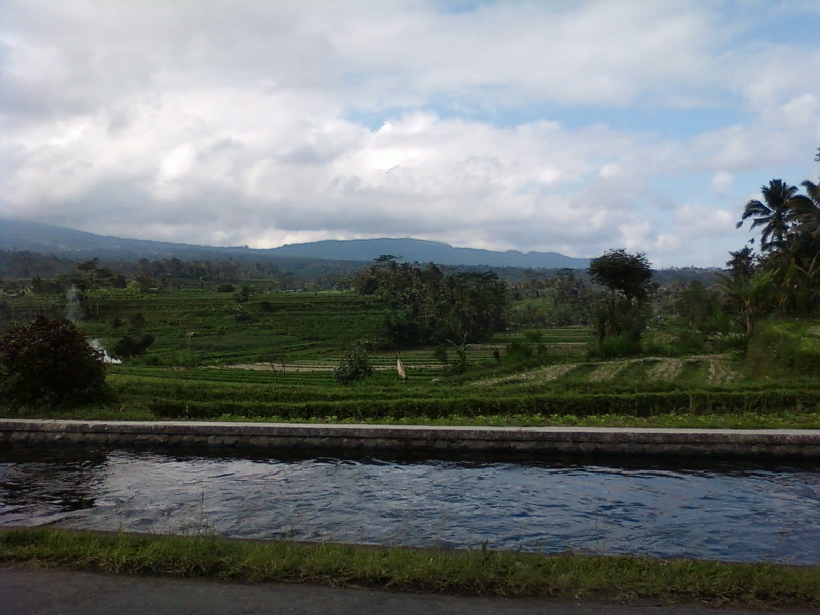 Rice terraces and irrigation channels in the Sidemen valley, hills rising behind