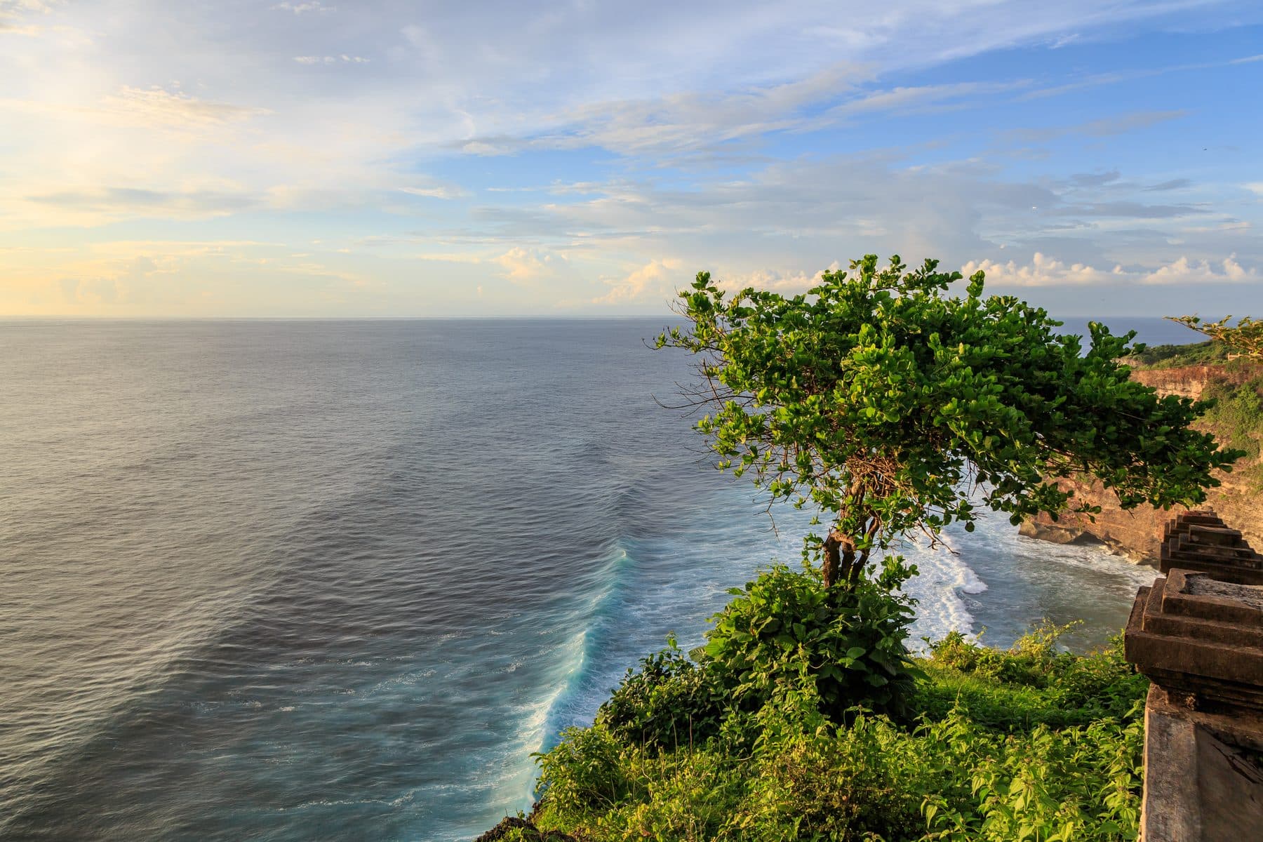 The limestone cliffs at Uluwatu dropping to a reef break, with turquoise water and vegetation on the clifftop